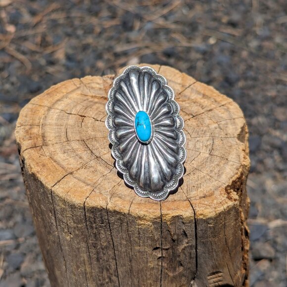 Navajo Concho Ring Kingman Turquoise Sterling Silver Native Am Jewelry sz 7.25US - Picture 3 of 10